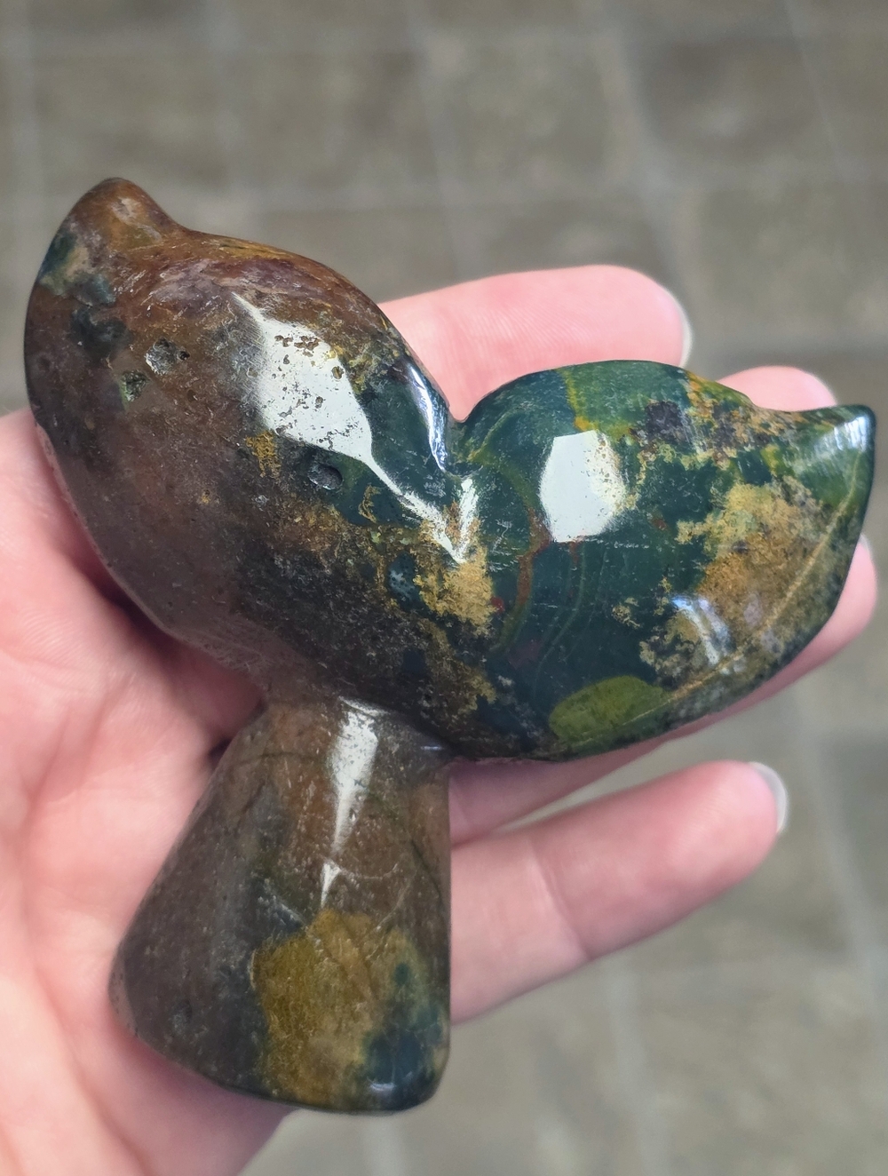 Ocean Jasper Whale Tail Carving 3.3” Green Orbicular Jasper Crystal Mermaid